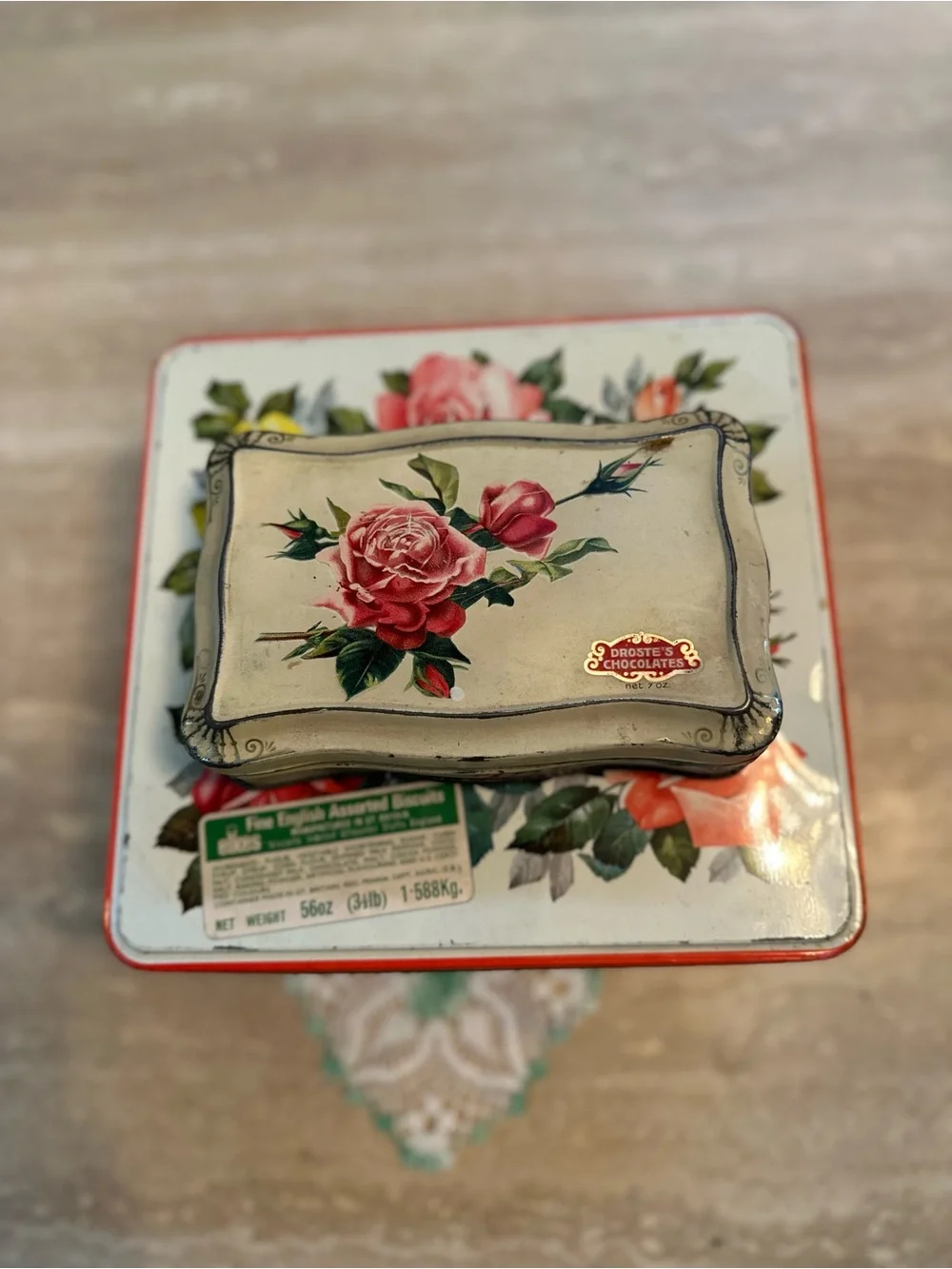 Vintage Floral Chocolate Tins  Set of 2 - Rose Motif, White & Red